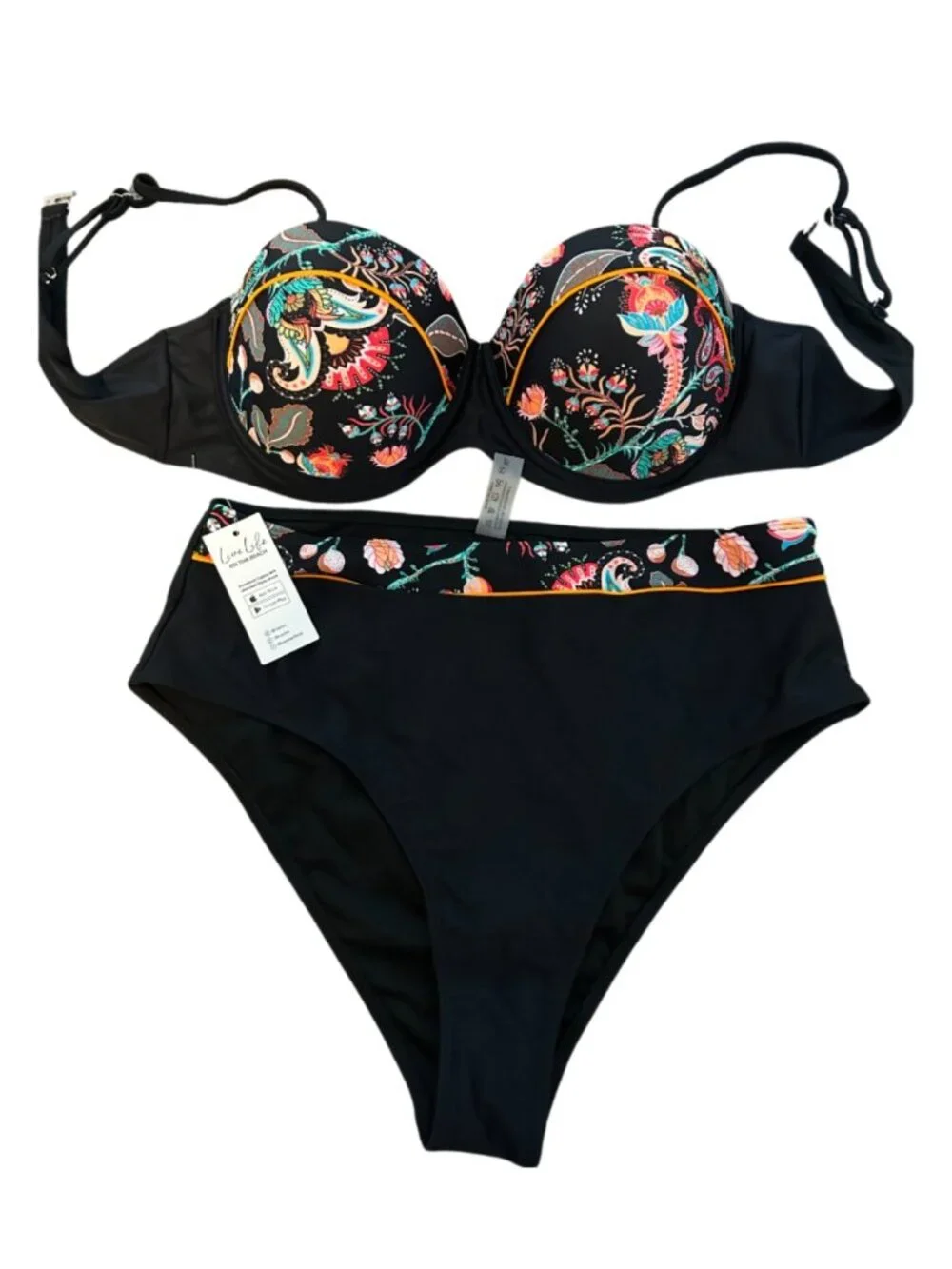 NWT Cupshe Black Floral Paisley Underwire Bikini Set - Size XL